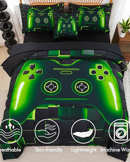 PERFEMET 6 Pcs Gaming Bedding Set Queen Size Green Game Console Kids Bed in A Bag 3D Black Gamer Comforter Set with Sheets for Boys Teen Lightweight Video Gamepad Bedroom Set(Green, Queen)