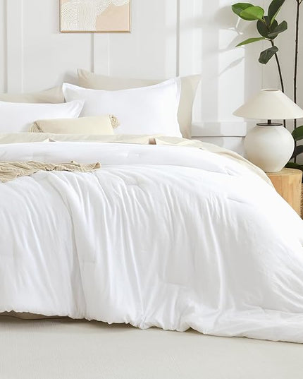 Litanika White Oversized King Comforter Set Super King Plus Size, 3 Pieces Lightweight Solid Bedding Comforter Set, All Season Fluffy Bed Set (128x120In Comforter & 2 Pillowcases)