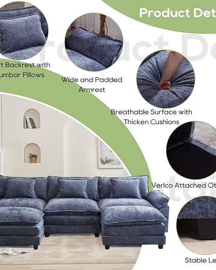 120" Modular Sectional Sofa, Comfy Cloud Couch Sectional Sofa with Ottoman, Chenille Sofa Sleeper Deep Seat Sofa with Throw Pillows for Living Room (Blue, 120"- U Shape)