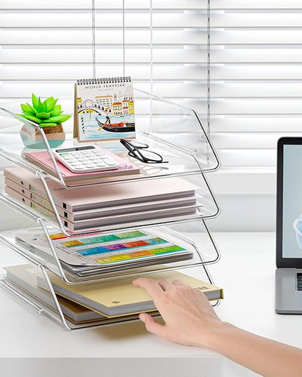 YKLSLH Simple 4 Tier Paper Organizer Letter Tray - Acrylic Stackable Desk File Organizer, Clear Paper Sorter Office Organizer for Letter/A4, Office File Ipad Books Notes Etc
