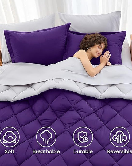 MUXHOMO 5 Pieces Twin XL Comforter Set, Reversible Bed in a Bag Twin XL Size, All Season Bedding Set with Comforter, Flat Sheet, Fitted Sheet, Pillowcases & Shams, Purple & Lavender