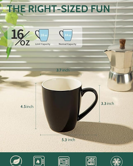 Sweese Porcelain Coffee Mugs - 16 Ounce (Top to the Rim) for Coffee, Latte, Tea, Cocoa, Set of 4, Black