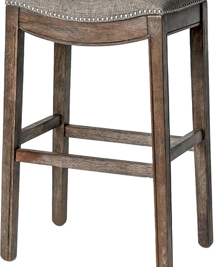 Maven Lane Adrien Backless Bar Stool – 31 Inch Saddle Seat with Footrest – Brown Solid Wood Frame & Grey Fabric Upholstery – Ideal for Bars, Pub Tables & Tall Kitchen Counters