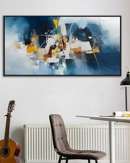 Abstract Canvas Wall Art Navy Blue Wall Art for Living Room Framed Modern Artwork for Walls, Above Bed Wall Decor Navy and Gold for Bedroom and Living Room Office Pictures Wall Decor 24×48IN