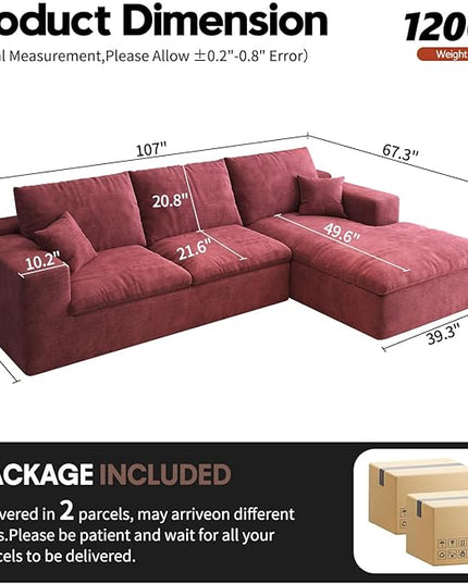 107'' L-Shaped Modern Modular Sectional Cloud Couch, 4-Seat Chenille Deep-Seat Sofa with Pillow for Living Room, Bedroom, Apartment, Wine Red