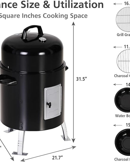 Sophia & William 17" Vertical Charcoal Smoker Grills with Two-Tier Grates, Heavy-Duty Integral Chamber and Tunnel Ventilation System for BBQ, Patio, Outdoor Camping(Black)
