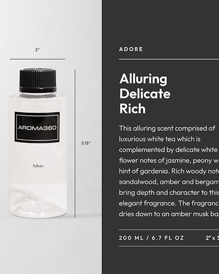 Aroma360 - Adore Oil Blend - Luxury Hotel Inspired Essential Oil Diffuser - Aromatherapy Scent Diffuser Oil - White Tea, Jasmine and Peony 6.7 fl oz, 200 mL