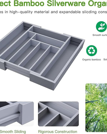 Pipishell Bamboo Expandable Drawer Organizer for Utensils Holder, Adjustable Cutlery Tray, Wood Drawer Dividers Organizer for Silverware, Flatware, Knives in Kitchen, Bedroom, Living Room(M-Grey)