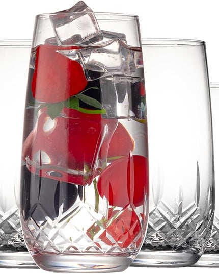 SHOSHIN Hand-Cut Highball Glasses – 17 oz Set of 4, Premium Lead-Free Crystal Drinking Glasses with Classic Pattern, Perfect for Water and Collins Cocktails, Dishwasher Safe