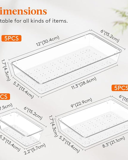 Lifewit 15 Pcs Large Bathroom Drawer Organizers, 3 Sizes Clear Plastic Storage Organizer Trays for Make Up, Kitchen Utensils, Vanity Accessories in Bathroom/Office/Dresser Organization