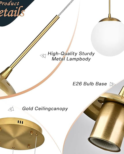 KoKo&Yukina 3-Light Globe Glass Pendant Light Modern Gold Globe Chandelier Adjustable Length Pendant Light Fixtures Milky White Glass Lights Fixture for Hallway Living Room Bedroom
