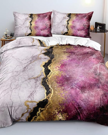 Pink Marble Duvet Cover Set King Size Sequin Gold Bedding Comforter Covers with 2 Pillow Shams Girls Decor Bedroom Bed Set Breathable Durable Soft Comfy