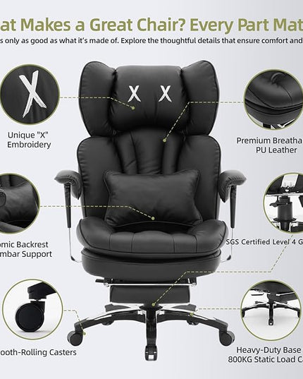Efomao Big and Tall Office Chair with Footrest – High Back Computer Chair with Adjustable Armrests，Executive Office Chair with Wide Seat, Modern Desk Chair for Home Office, Gaming, or Study, Black