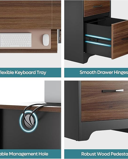 Bestier 59” Computer Desk with 4 Drawers, Office Desk with Storage, Industrial Executive Desk with File Drawer, Keyboard Tray & 2 Pedestals for Home Office & Studio, Cherry
