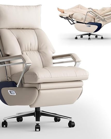 M80A Dual Motor Electric Executive Office Chair with Footrest, Comfortable Reclining Office Chair Wide Seat, Big and Tall Ergonomic Leather Home Office Desk Chair (Beige,Multi-Functionality)