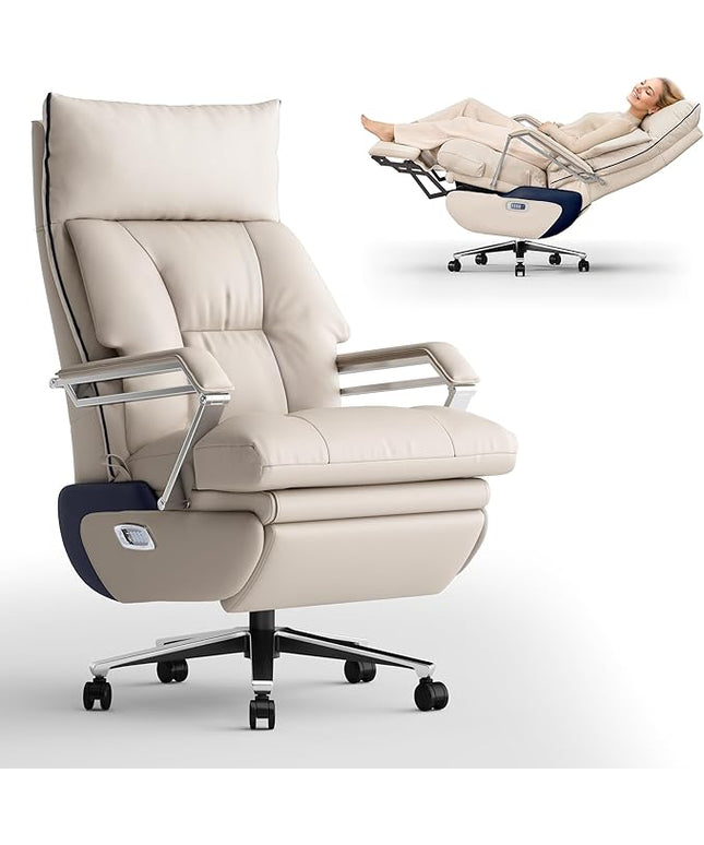 M80A Dual Motor Electric Executive Office Chair with Footrest, Comfortable Reclining Office Chair Wide Seat, Big and Tall Ergonomic Leather Home Office Desk Chair (Beige,Multi-Functionality)