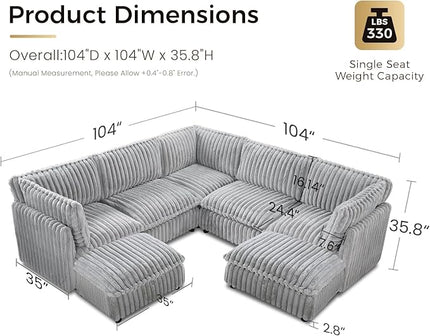 KKL Modular Sectional Couch for Living Room, V Shaped Corduroy Couches with 2 Ottomans, 7 Seater Oversized Sofa, Soft Fabric Modern Sofa, Grey
