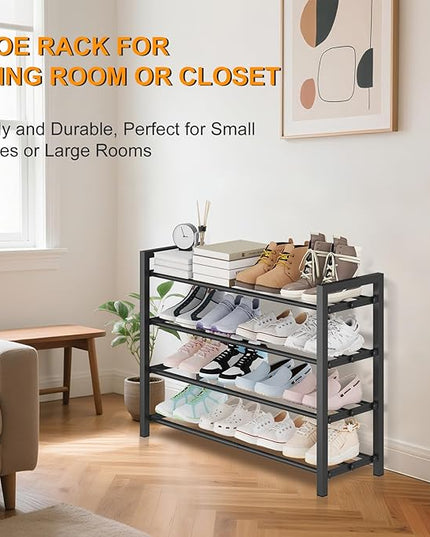 4-Tier Expandable Shoe Rack – Adjustable Metal Shoe Organizer for Closet, Entryway & Mudroom – Stackable, Heavy-Duty Storage, Black