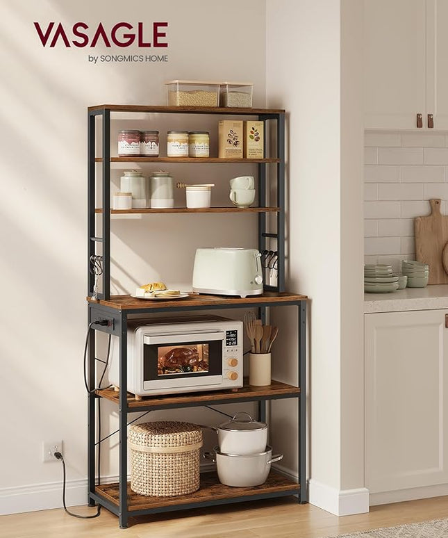 VASAGLE Bakers Rack with Power Outlet, 31.5 Inches Coffee Bar for Kitchen with Storage, 6-Tier Kitchen Shelves with 6 Hooks, Microwave Stand, Industrial, Rustic Brown and Ink Black UKKS119K01
