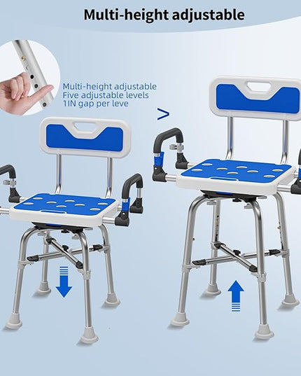 Swive Shower Chair with Arms and Back Heavy Duty 500 lbs for Seniors Elderly Disabled or Bariatric Adults Bench Seat for Inside Shower Stall and Bathroom Bath Tub Seats Adjustable Stool