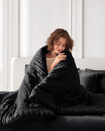 MUXHOMO 5 Pieces Twin Comforter Set, Seersucker Bed in a Bag Twin Size, All Season Luxury Bedding Set with Comforter, Flat Sheet, Fitted Sheet, Pillowcase & Sham, Black
