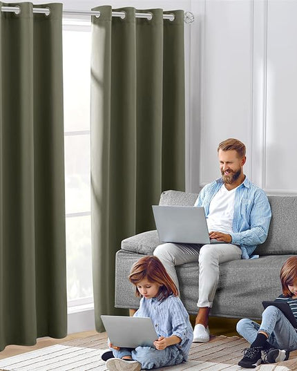 HOMEIDEAS Olive Green Blackout Curtains for Bedroom 52 X 84 Inch Length 2 Panels Set Room Darkening Curtains, Soundproof Thermal Grommet Window Drapes for Living Room for Christmas