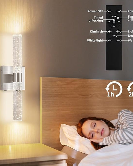 Battery Operated Crystal Wall Sconce 2-Pack Rechargeable Modern Vanity LED Light Fixtures, 3000K-6000K Dimmable Wireless Wall Lights for Bathroom Bedroom Living Room Hallway