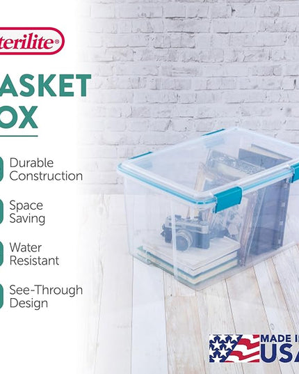 Sterilite 4-Pack Gasket Box, Weather-Resistant Storage Bins with Latching Lids, 54 Quart - Heavy-Duty Organizing Containers for Closet, Bathroom, and Office