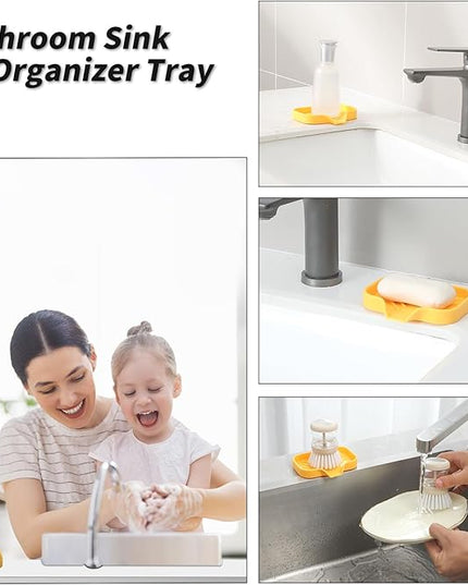 Silicone Bathroom Soap Dishes with Drain Spout-Bathroom and Kitchen Sink Organizer,Sponge Holder,Dish Soap Tray,Perfect for Dispenser,Scrubber,Bottle,Cup on Sink or Counter-Yellow 4.9"×3.2"