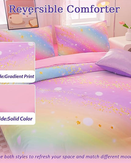 Rainbow Bedding Set Full Size – 6-Piece Reversible Girls Comforter with Deep-Pocket Sheet, Gradient Galaxy Design, Whole-Piece Filling, Machine Washable Bed-in-a-Bag for Kids Room Makeover & Gifts