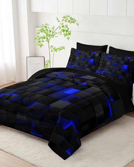 Geometric Blue Black King Comforter Set,Light Honeycomb Bedding Set 7 Piece in A Bag,Bed Sheet Set Geometry Decor,Microfiber Lightweight All Season