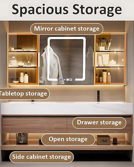 Modern Solid Wood Bathroom Vanity Set - Smart LED Fog Mirror, Floating Double Bath Sink Bathroom Cabinet, 2 Large Drawers & Open Shelves (Light Brown, 72'')