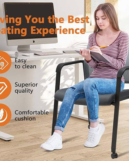 CLATINA Mesh Back Stacking Arm Chairs with Upholstered Fabric Seat and Ergonomic Lumbar Support for Office School Church Guest Reception (WithWheels Gray- 4 Pack)