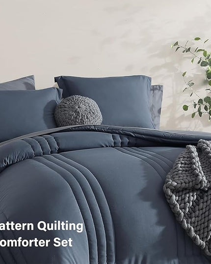 Monbix Twin XL Size Comforter Set - Extra Long 5 Pieces Dorm Bedding Sets, Quilting Design Fluffy Bed in a Bag Twin XL with Sheets, Pillowcase & Sham(Blue Grey)