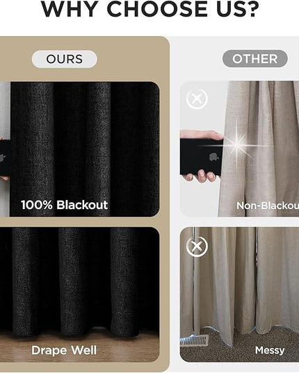 Joydeco Pinch Pleated Curtains - 100% Blackout for Bedroom, Black Linen Curtains 40" W x 108" L, Thermal Insulated 2 Panels Light Blocking Drapes, Back Tabs for Living Room
