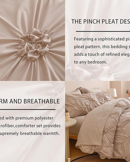 Khaki King Comforter Set - 7 Pieces Bed in a Bag, Premium Comforters King Size Bed Set Pintuck Pinch Pleat Complete Comforter Set with Flat Sheet, Fitted Sheet and Pillowcases,Khaki