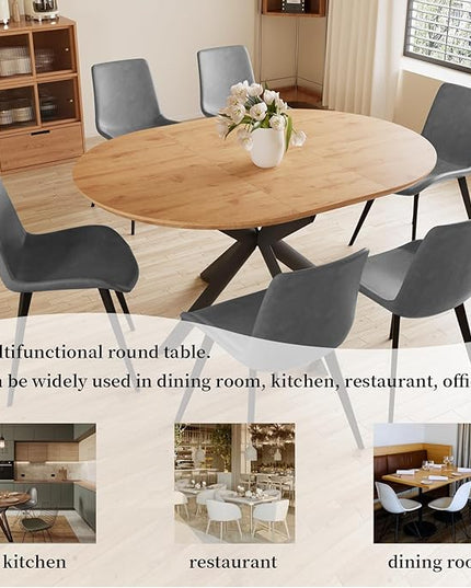 43.2"-59.1" Extendable Round Dining Table for 4-6 Person, Modern Wooden MDF Round Kitchen Table, Oak Coffee Table w/ 4 PU Leather Chairs
