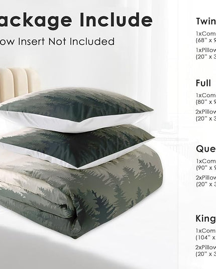 Comforter Set Queen Size, Mountain Pine Tree Forest 3 Pcs Soft Bedding Set for Kids and Adults Natural Landscape Comforter Set with 2 Pillowcases for Bedroom Bed Decor