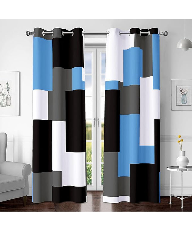 Light Blue 100% Blackout Curtains for Bedroom 63 inch Length 2 Panels Set Black Grey Modern Abstract Geometric Black Out Curtains Insulated Room Darkening Window Drapes for Living Room, 42Wx63L