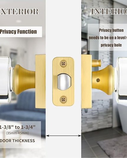Glass Door Knobs Interior, Privacy Gold Door Knob with Lock, Round Modern Crystal Door Knobs for Bedroom Bathroom, Satin Brass
