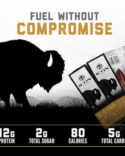 ICON Meats Bison and Pork Snack Sticks, Honey BBQ, 24 Pack of High Protein Snacks, Low Sugar, Natural Jerky Meat Sticks, Gluten Free, USDA Inspected, Made in the USA, Gifts or Stocking Stuffers