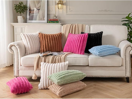 DEELAND Pack of 2,Double-Sided Faux Fur Plush Decorative Throw Pillow Covers Fuzzy Striped Soft Pillowcase Cushion Covers for Sofa Couch Bedroom Beige 26x26 inch