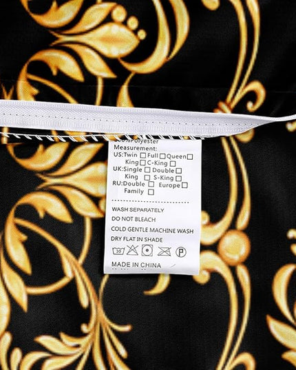 Golden Scrolls Print Duvet Cover and Pillow Shams Gold Leaves Deco for Girls and Boys Bedding Set Queen Size Black Color Bed Sets