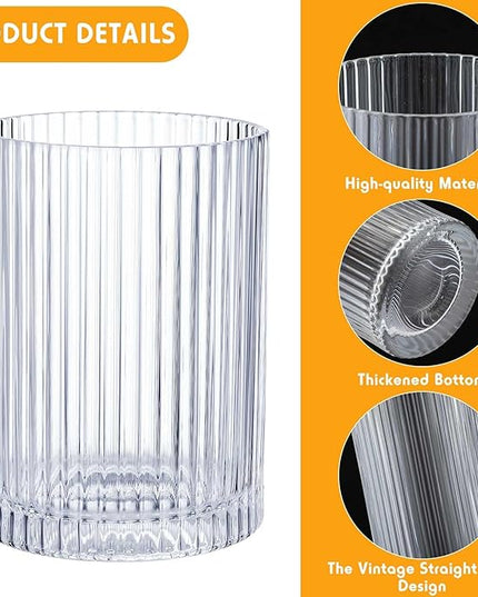 Zhehao 12 Pcs Ribbed Drinking Glasses Set 9 oz 12 oz Glass Cups Vintage Glassware Ribbed Cocktail Cup Clear Ice Coffee Highball Ripple Drinkware for Home Bar Beverages