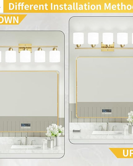 6 Light Gold Bathroom Vanity Light for Large Mirror, Gold Vanity Lights for Bathroom with Milky White Frosted Glass Shades, 38 inch Wall Lamp for Mirrors Living Room E26 Base