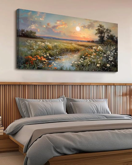 hyidecorart Vintage Farmhouse Wildflower Wall Paintings Canvas Wall Art for Living Room Wall Decor for Bedroom Office Decorations Nature Landscape Picture Artwork Aesthetic Home Decor Ready To Hang