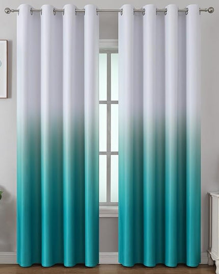 Estelar Textiler Teal and Greyish White Blackout Ombre Curtains 108 inch Long for Living Room 2 Panels Set, Thermal Insulated Grommet Privacy Protection & Light Blocking Drapes for Bedroom,52Wx108L