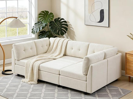 VANOMi 5 Seater Modular Sectional Sofa, Convertible Modular Cloud Sofa Bed with Ottoman, Comfy Chenille Sofas & Couches for Living Room, Apartment, Office, White, Sofa Bed