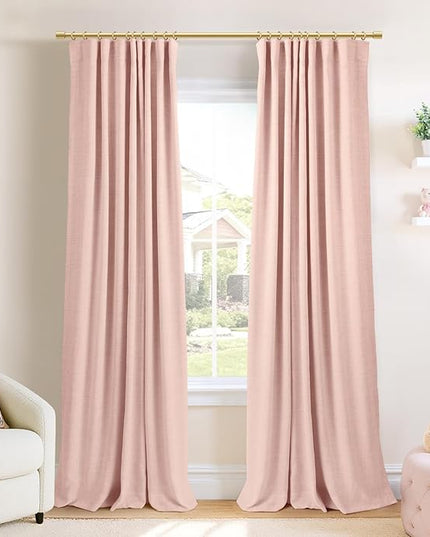INOVADAY 100% Blackout Curtains for Bedroom, Black Out Curtains 96 Inch Long, Clip Rings Linen Blackout Drapes, Thermal Insulated Room Darkening for Living Room, 2 Panels - Blush Pink,W50xL96