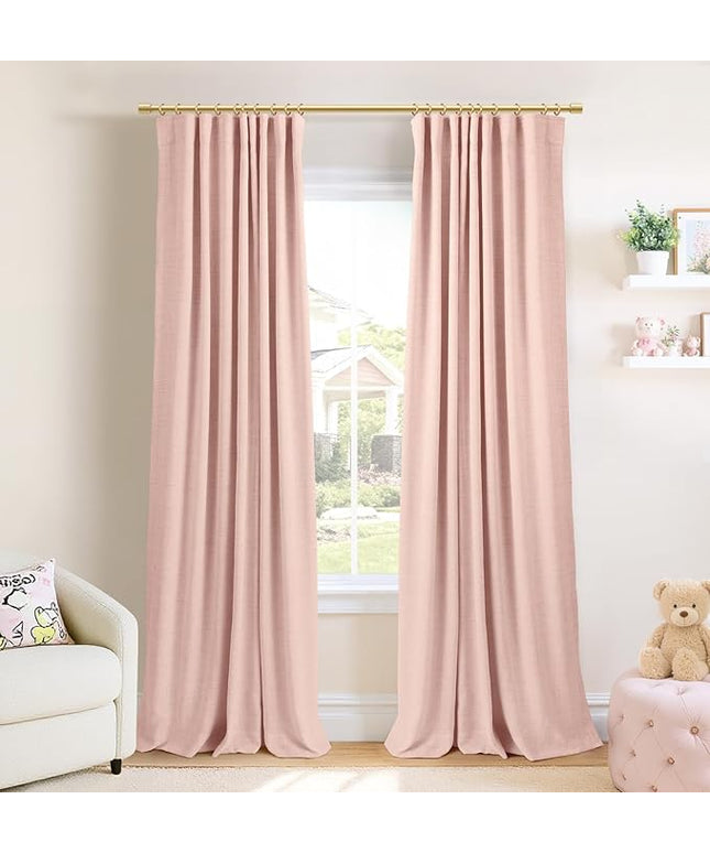 INOVADAY 100% Blackout Curtains for Bedroom, Black Out Curtains 96 Inch Long, Clip Rings Linen Blackout Drapes, Thermal Insulated Room Darkening for Living Room, 2 Panels - Blush Pink,W50xL96